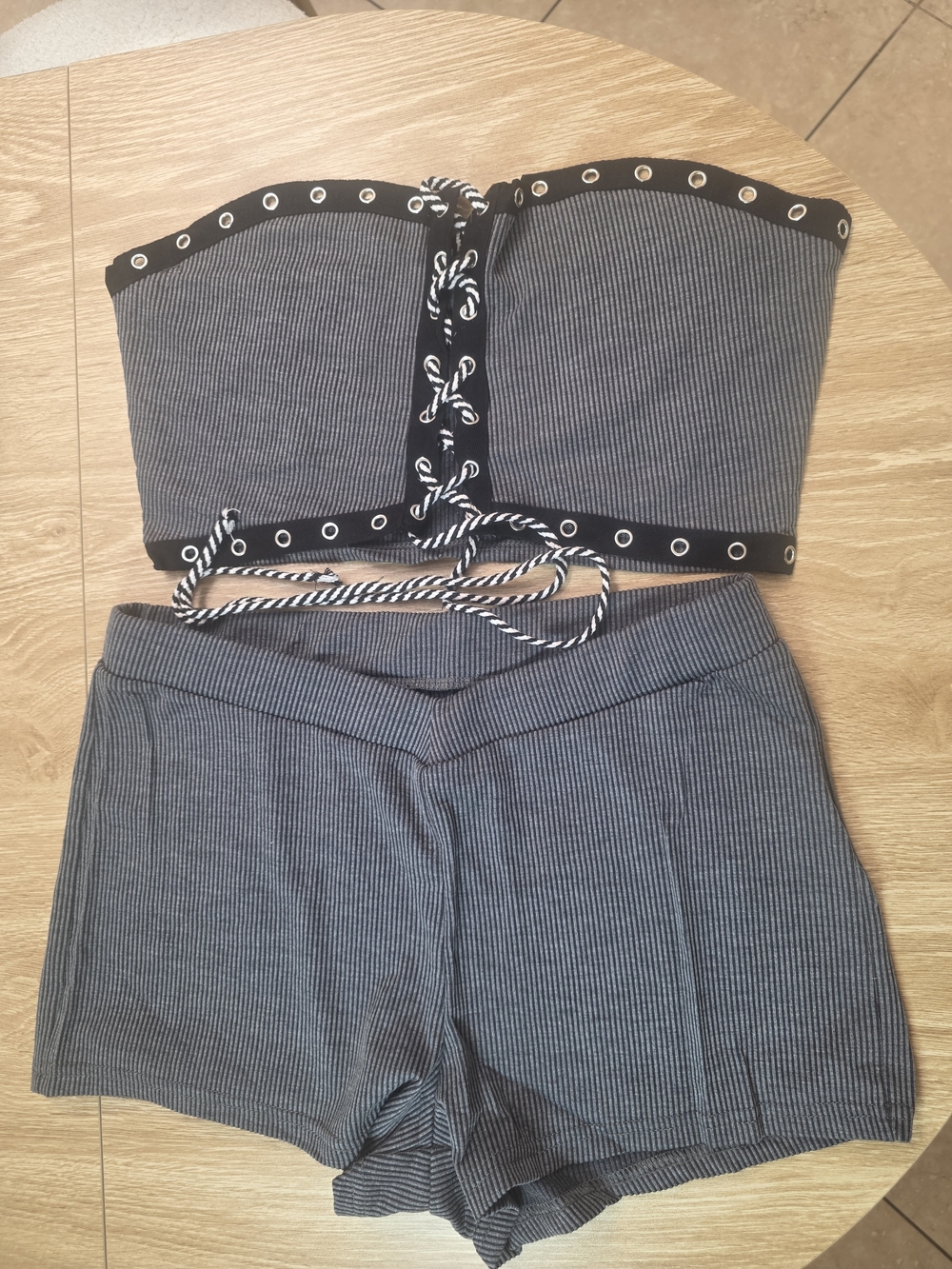 Striped Two-Piece Corset Top and High-Waist Shorts Set - Black & White